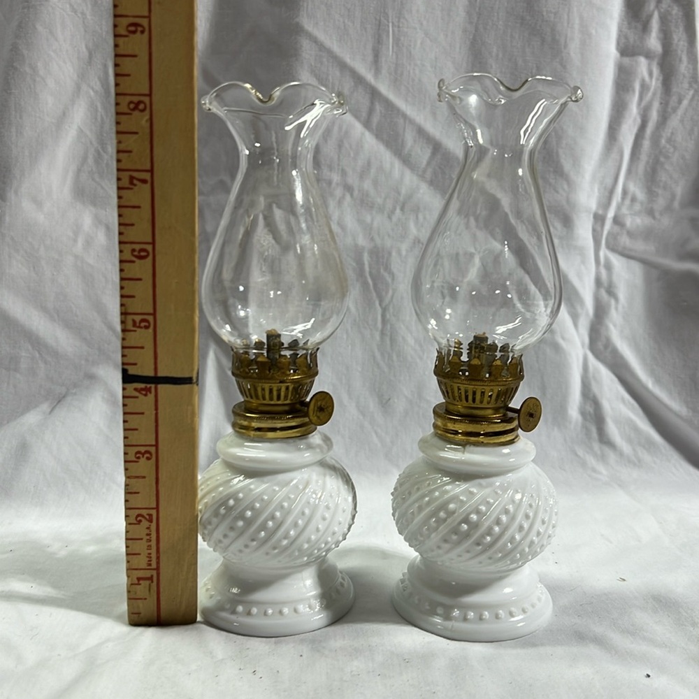 Set of 2 White Matching Milk Glass -Miniature Oil Lamps